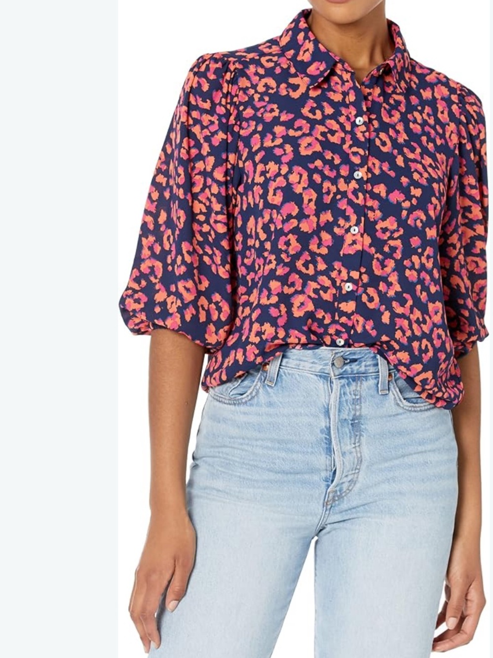Nanette Lepore Navy Button-Down Blouse with Pink Leopard Print